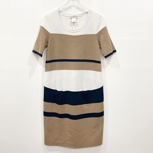 Betty Goodman Short Sleeve Knit Sheath Stripe Dress M 44 Made In Italy Tan Navy